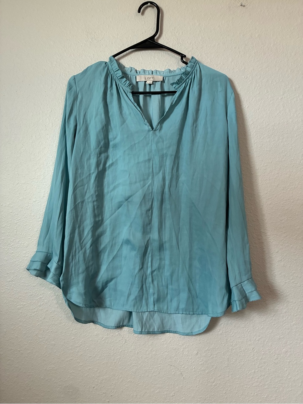 LOFT Aqua Blue Ruffle-Trim V-Neck Blouse